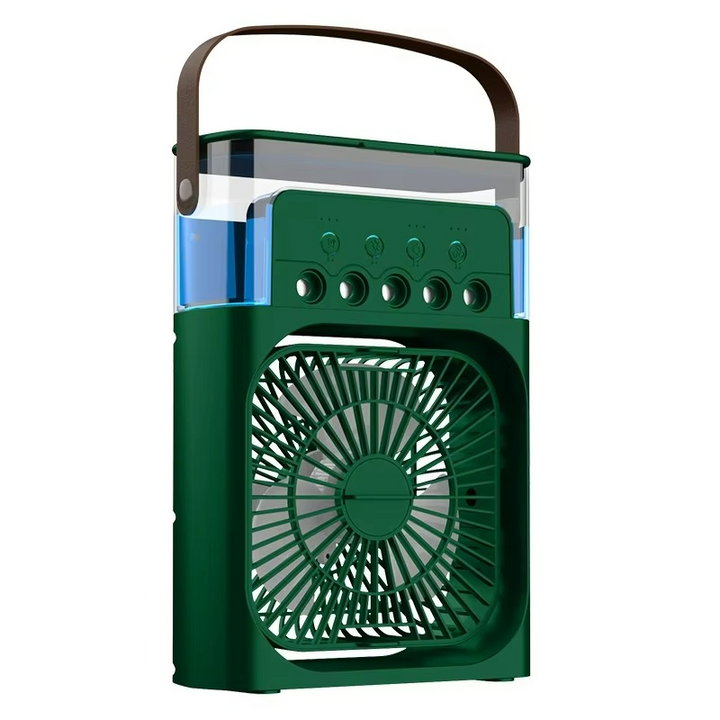 3-in-1 portable USB air cooler fan with humidifier & LED light for efficient summer cooling on any desk or home office.