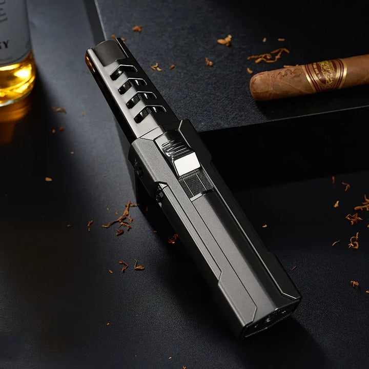 Metal windproof jet lighter, refillable with adjustable powerful flame; a reliable outdoor/indoor tool.