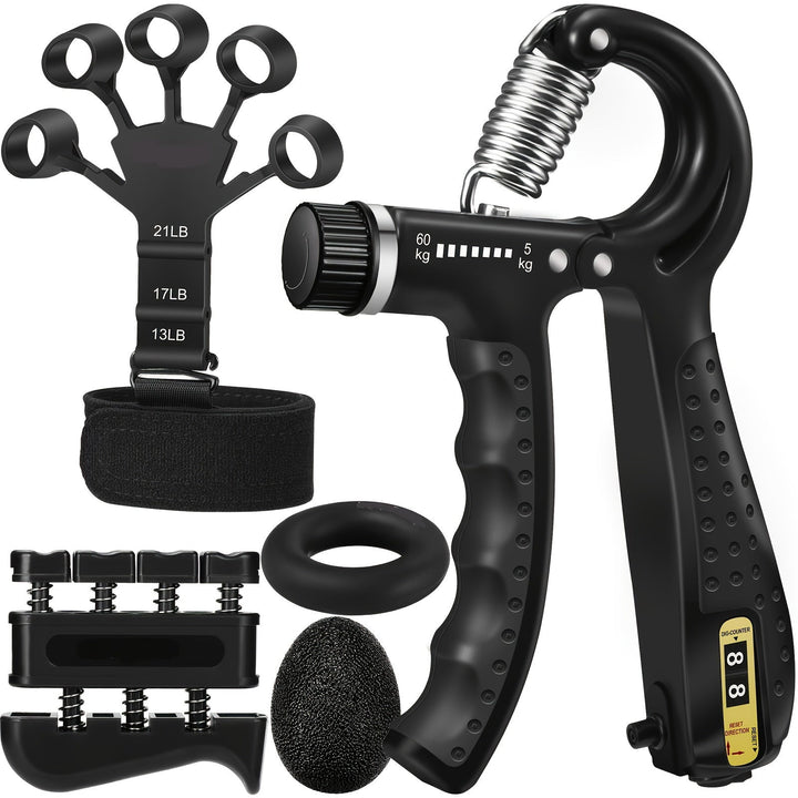 PowerGrip 5-in-1 hand trainer set displayed, boosting grip strength, forearms & finger dexterity for fitness.