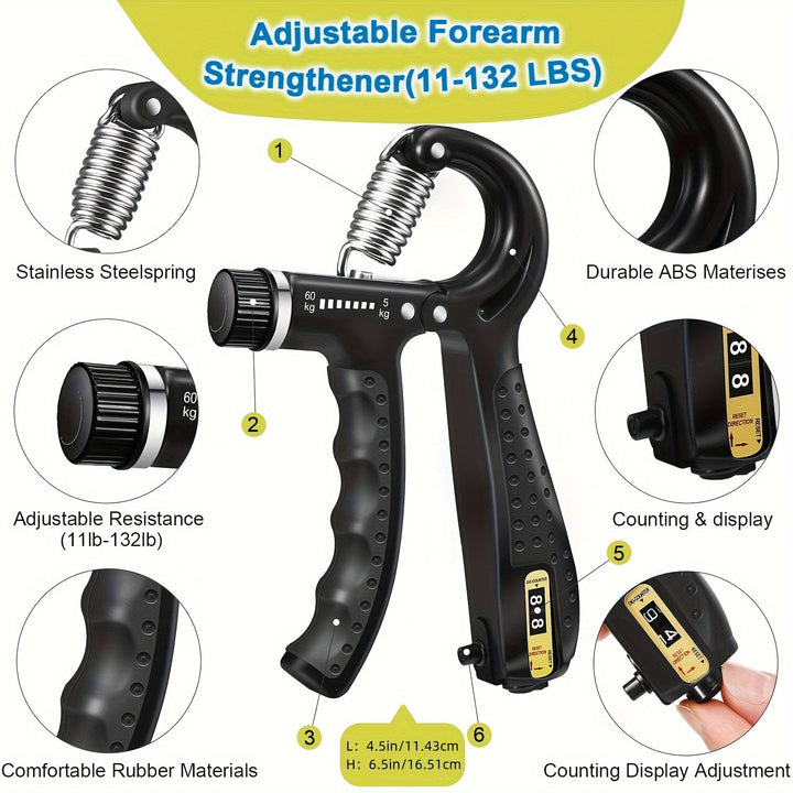 All 5 PowerGrip hand trainer components laid out, ideal for athletic training & injury prevention.