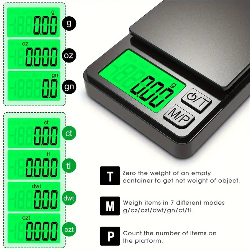 Accurate digital jewelry scale, pocket-sized for precise weighing of gems and precious metals in grams.