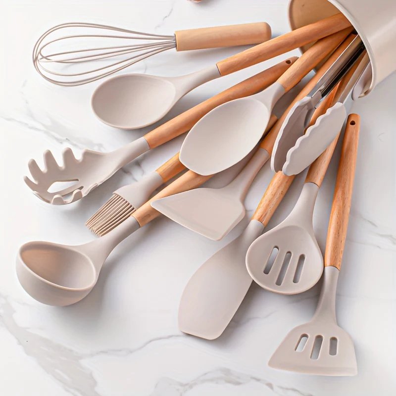 Premium 12-piece silicone kitchen utensil set with natural wooden handles, non-stick & heat-resistant cooking tools.