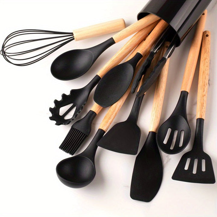 Stylish silicone kitchen utensil set in a practical holder, protecting non-stick pans & easy to organize.