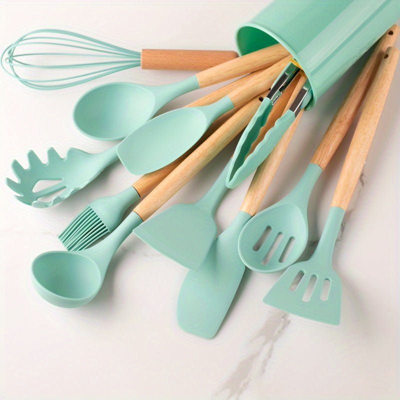 Dishwasher-safe silicone utensil set with wooden handles, premium non-stick kitchen tools for easy cleanup.