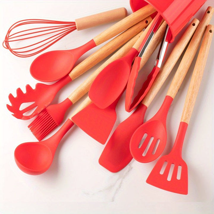 Non-stick silicone ladle with wooden handle, perfect for serving soups & protecting your delicate cookware.