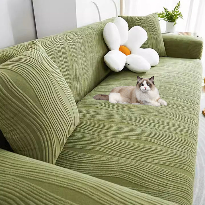 Pet-friendly jacquard couch cover, durable, washable, stretch for long-lasting use.