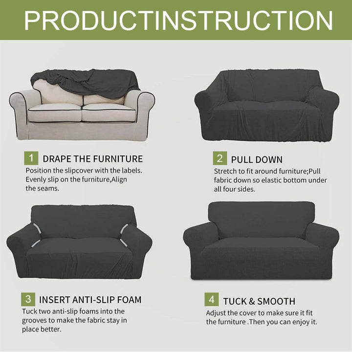 Premium stretch jacquard sofa cover in a living room setting, anti-scratch feature.