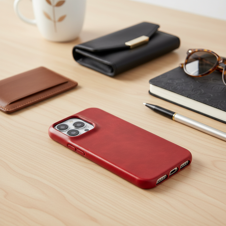 Stylish leather phone cover for iPhone, featuring shockproof protection & wireless charging.
