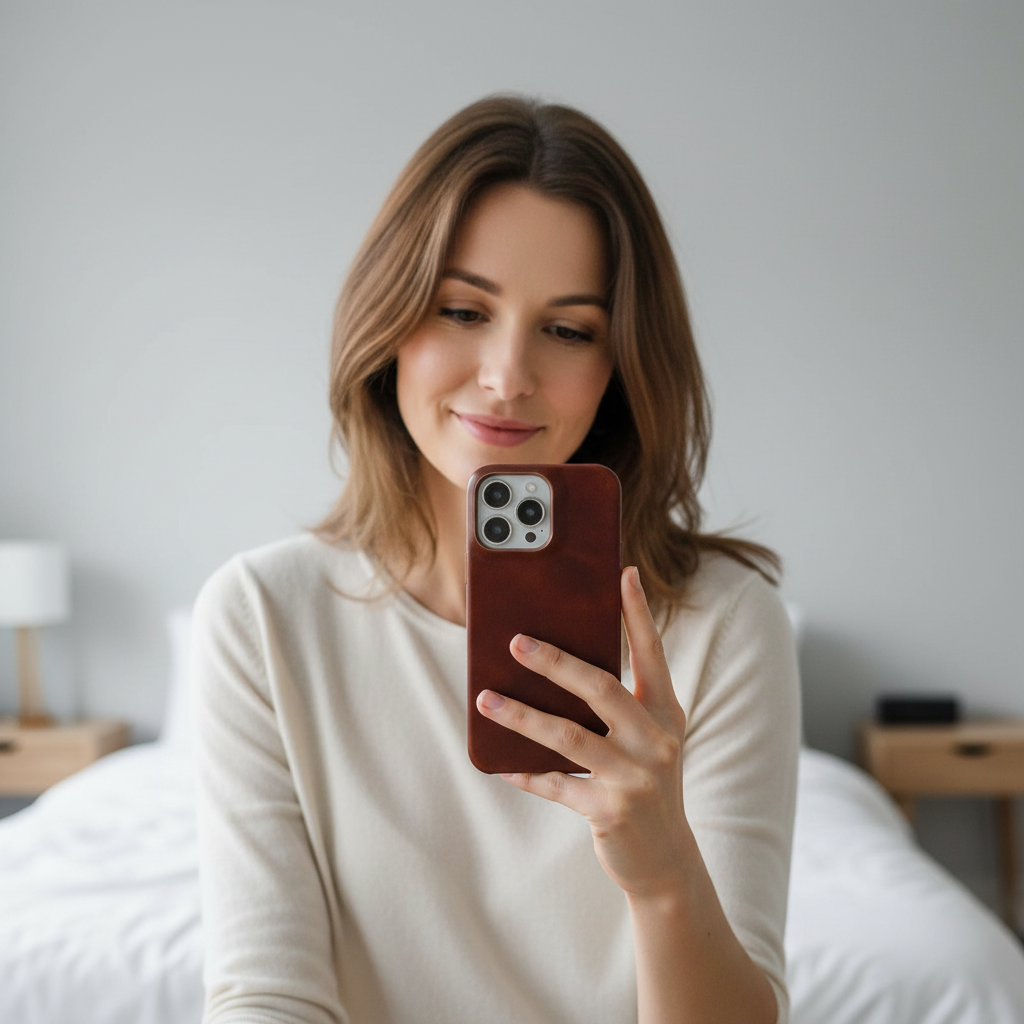 Elegant iPhone protective case, real leather, slim profile, enhanced everyday protection.