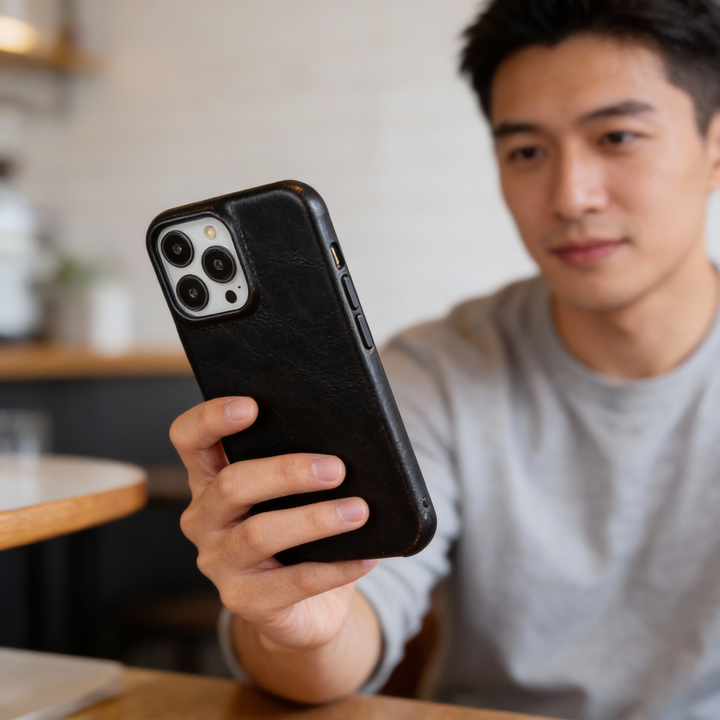 High-quality leather iPhone case, shock-absorbing, wireless charging compatible, durable.