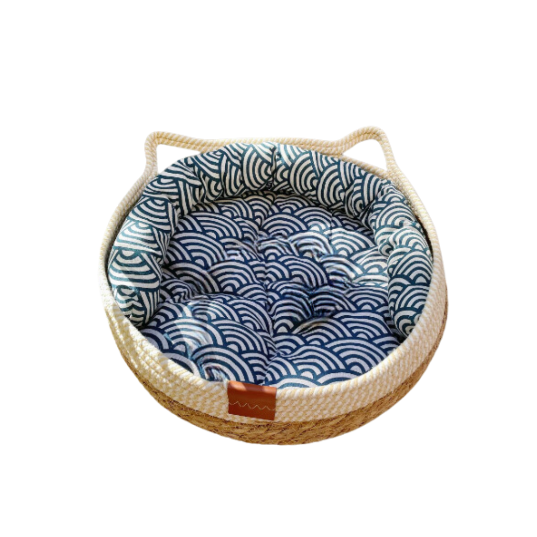 Hand-woven sisal cat bed & scratcher. Perfect pet lounge for play, rest & interactive cat toy fun.