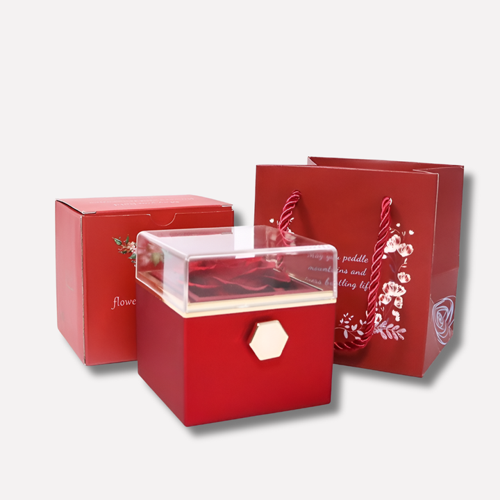 Preserved red rose and 'I Love You' etched heart necklace gift set for women, romantic anniversary present.