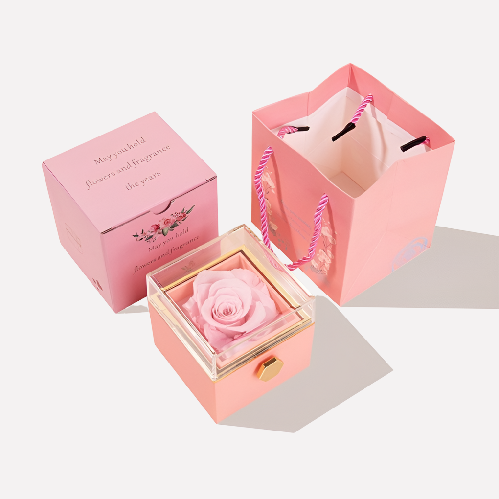 Eternal rose and custom engraved heart pendant necklace, a personalized jewelry gift in elegant rose box.