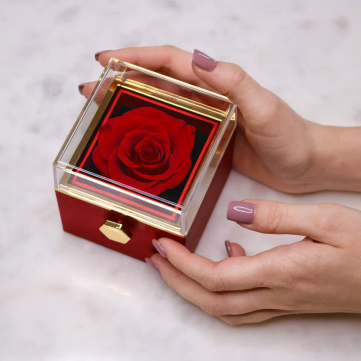 Women's preserved eternal rose with a gold-tone heart necklace, perfect romantic anniversary gift.
