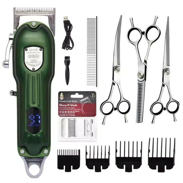 Professional dog grooming kit for home use, includes quiet cordless clippers, scissors & comb.