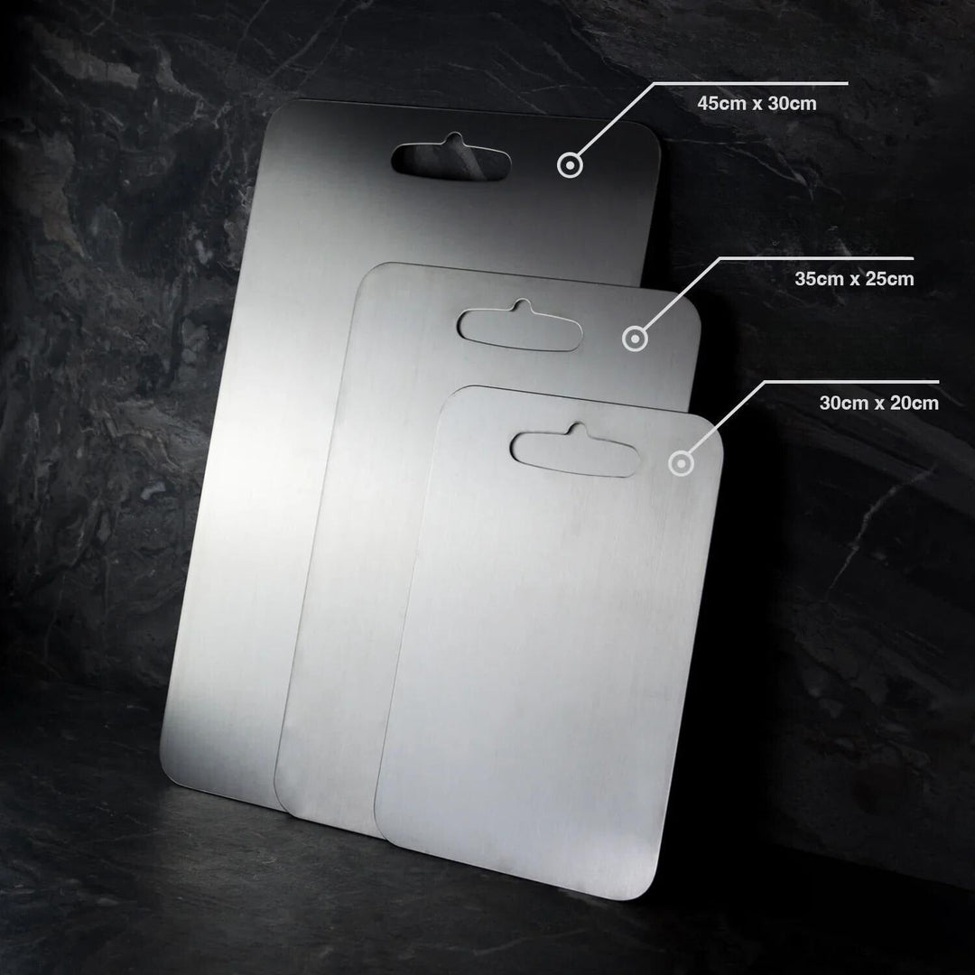 Professional grade titanium kitchen cutting board for hygienic and safe food preparation.