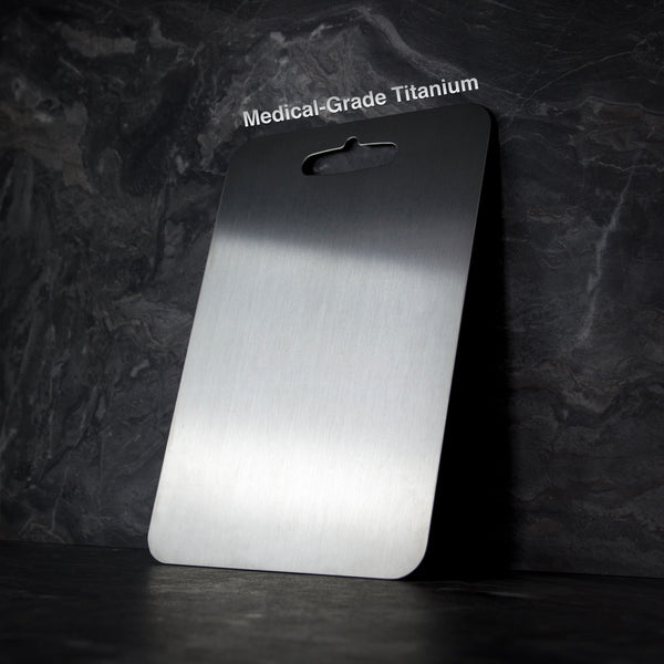 Antibacterial, non-toxic titanium cutting board for easy clean and healthy meal prep.
