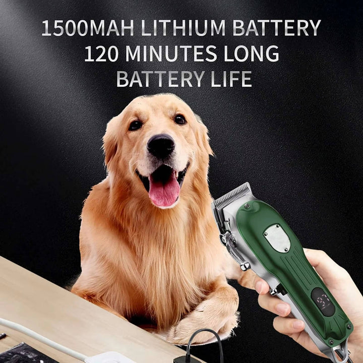 Silent cordless pet grooming clipper with carbon steel blades for dogs, cats, and rabbits.