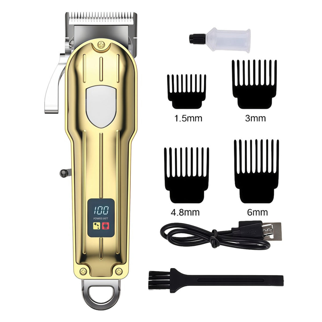 Cordless electric pet clipper with carbon steel blade for professional dog grooming. Rechargeable for home use.