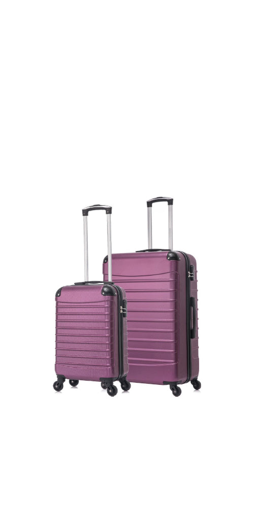Purple 2-piece hard shell luggage set with spinner wheels for easy travel.