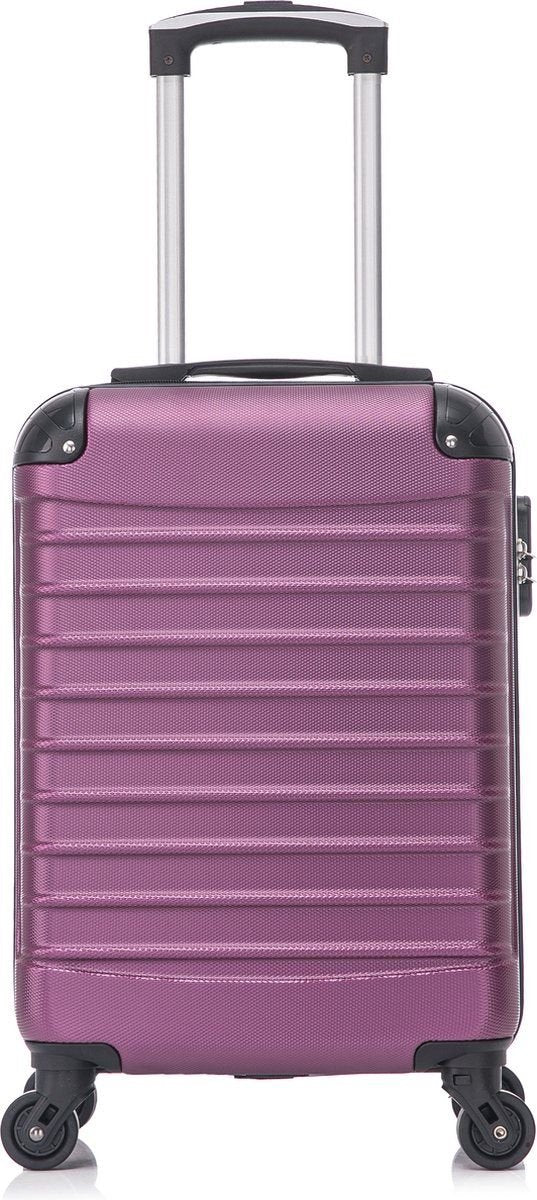 Stylish purple hard shell luggage set, including carry-on & checked suitcase.