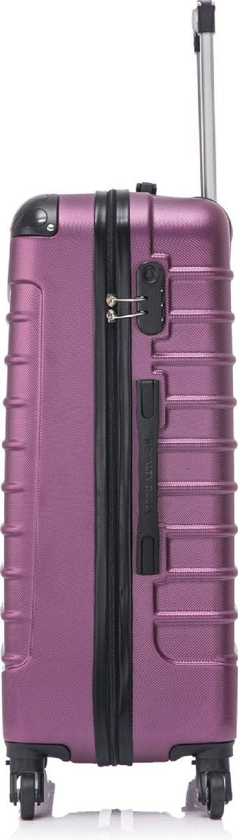 Compact carry-on and large checked purple hard shell luggage set, ready for travel.