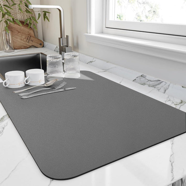 Close-up of Quick-Dry Absorbent Kitchen Dish Drying Mat with dishes, fast drying