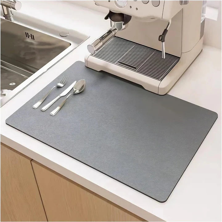 Lifestyle shot of Quick-Dry Absorbent Dish Drying Mat organizing a clean kitchen