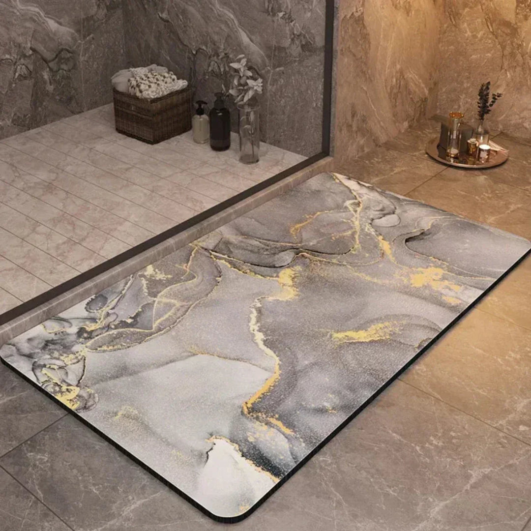 Hygienic anti-slip bath mat, super absorbent & quick-drying diatomaceous earth for bathroom comfort.
