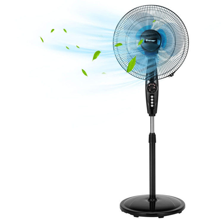 Quiet 16-inch oscillating floor fan with remote control for home & office. Features dual blades & adjustable height.