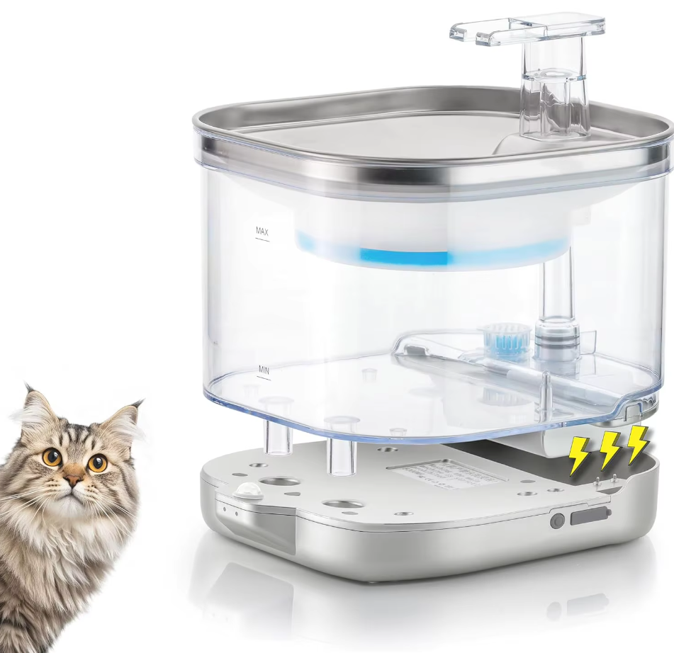 Automatic filtered pet fountain, a quiet water dispenser for fresh, clean drinking for cats & dogs.