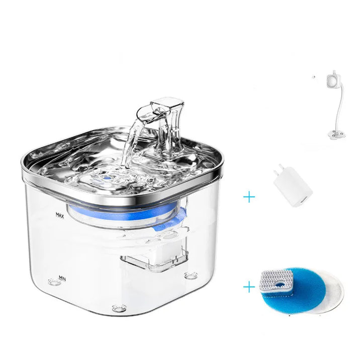 Modern pet water fountain, automatic & quiet, keeping your cat or dog hydrated with clean, filtered water.
