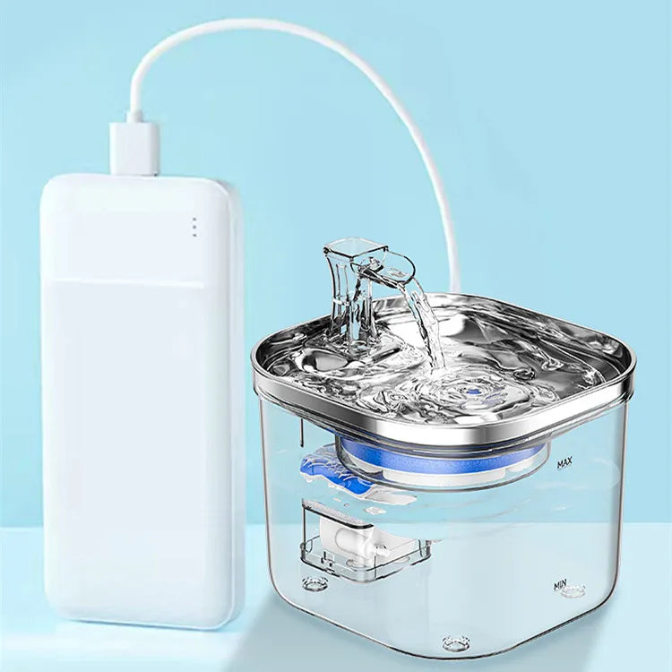 Pet water dispenser, auto-flowing & filtered, designed for quiet operation to encourage pets to drink.