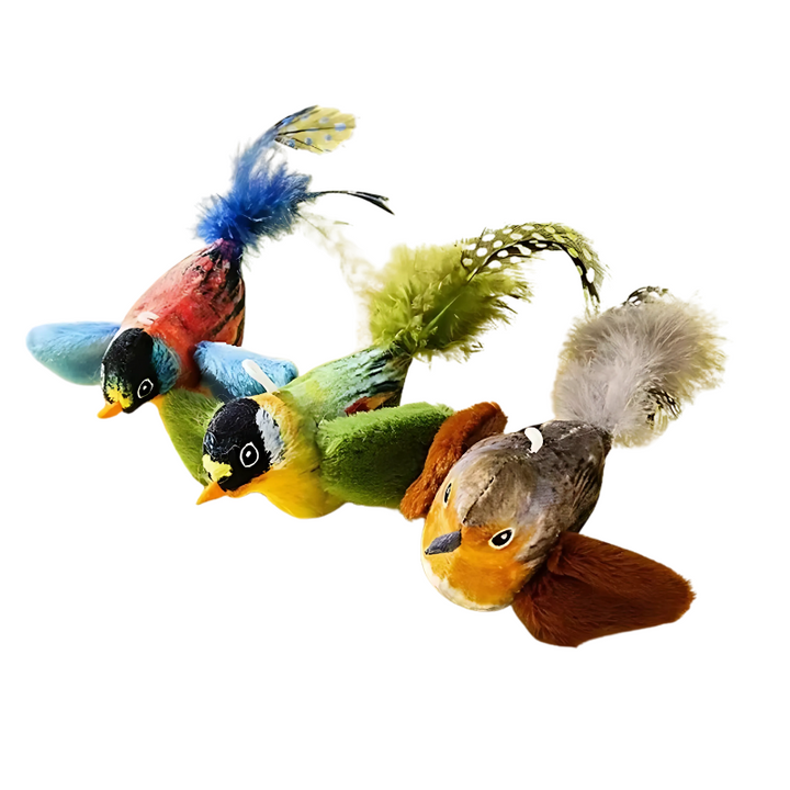 Plush feather cat bird teaser toy 3-pack. Realistic design encourages active feline play & happy pet supplies.