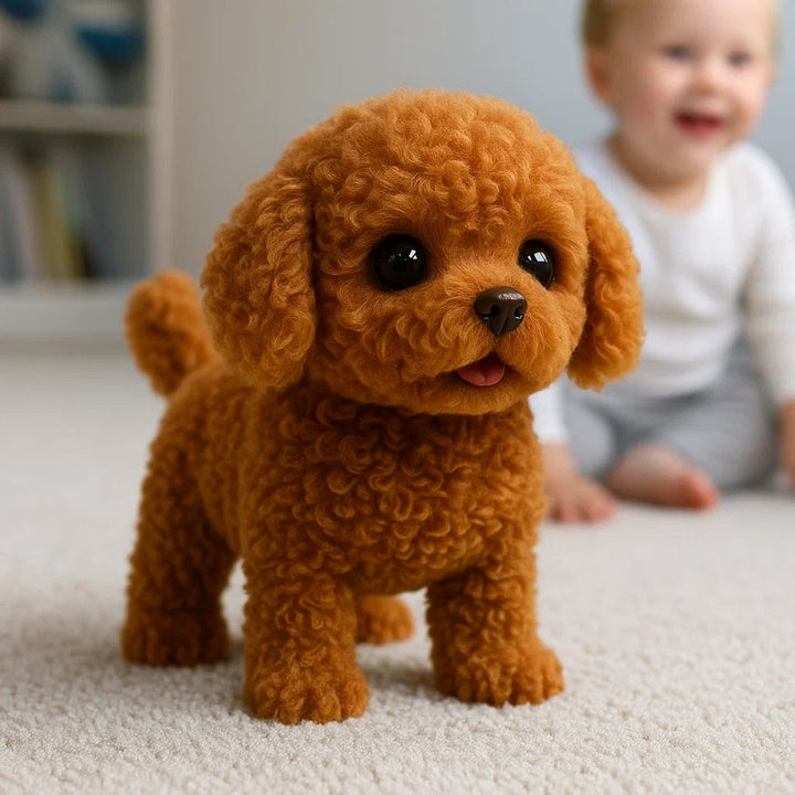 Unisex lifelike plush toy dog, interactive pet companion for all ages, realistic & soft comfort toy.