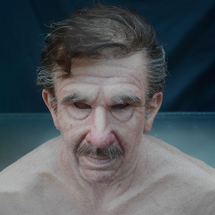 High-detail latex old man mask for realistic Halloween or cosplay transformation.