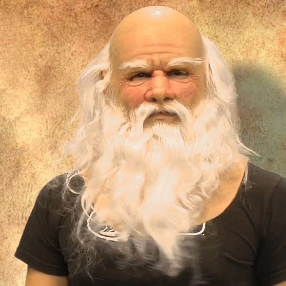 Transformative realistic latex mask: old man, granny, witch character headpiece.
