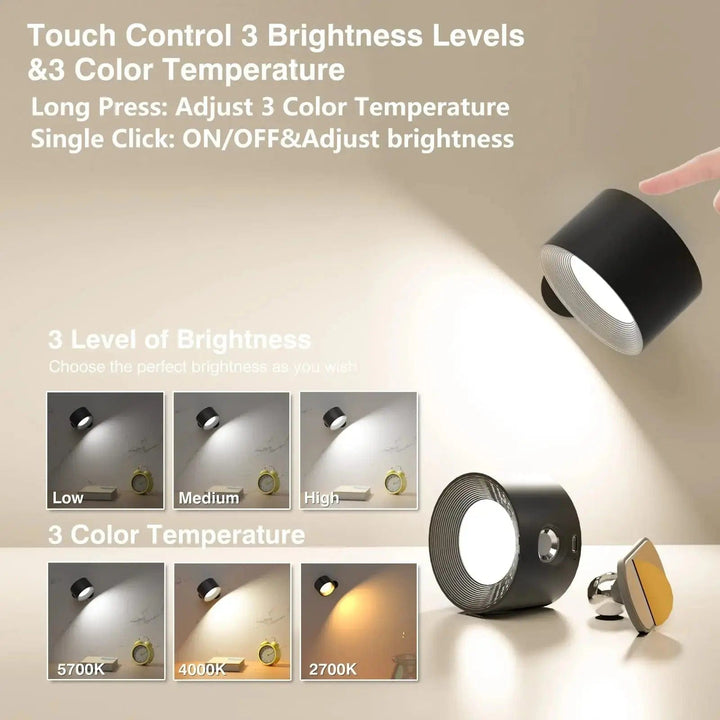 Adjustable cordless lamp illuminating a modern bedroom, offering comfortable reading light.