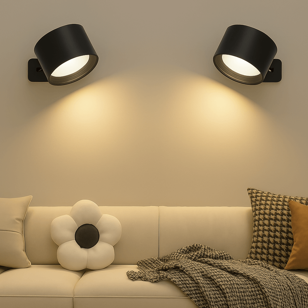 Cordless magnetic wall lamp, shown illuminating a contemporary living space, easy to install & adjust.