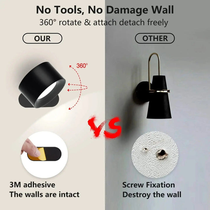 Cordless adjustable wall light, casting warm light on a modern wall, enhancing the home's ambiance.