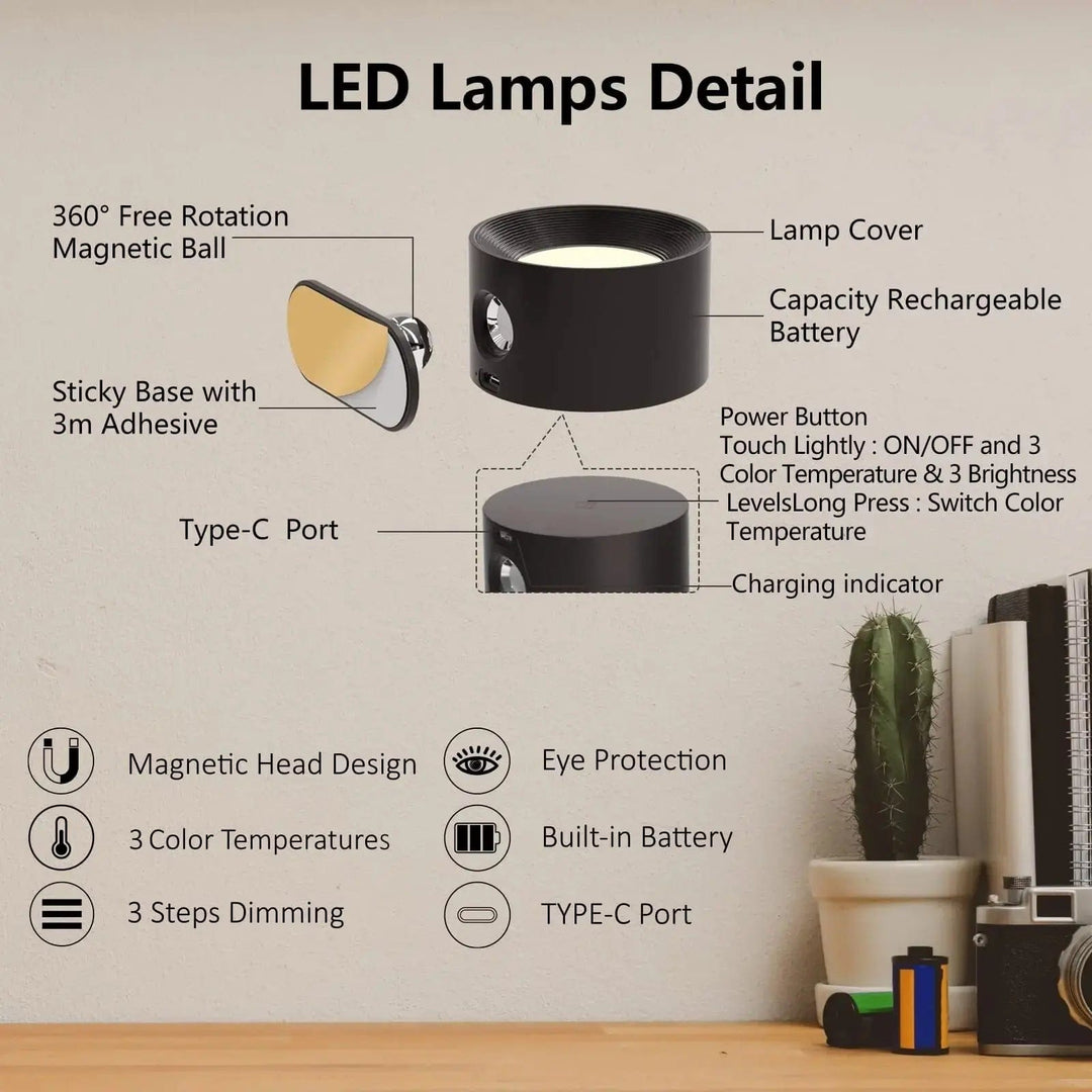 Sleek rechargeable wall lamp, perfect for modern reading nooks or adding flexible ambient lighting.