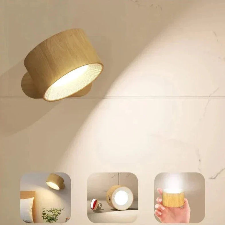 Elegant adjustable wall light, cordless and rechargeable, enhances modern decor with soft ambient glow.
