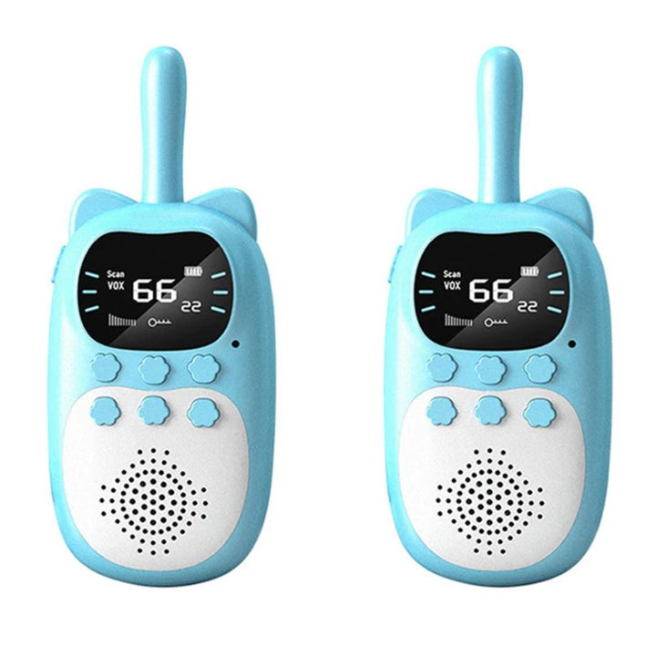 Electronic rechargeable walkie talkie set for kids, a fun and child-friendly two-way radio gift.