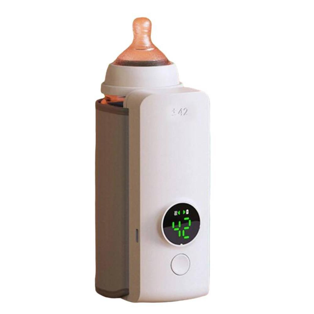 Rechargeable portable bottle warmer with digital temp display, perfect for on-the-go baby feeding and travel.