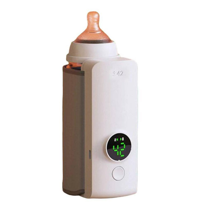 Rechargeable portable bottle warmer with digital temp display, perfect for on-the-go baby feeding and travel.