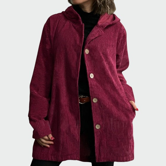 Red corduroy hooded casual jacket for women, perfect fall outerwear.