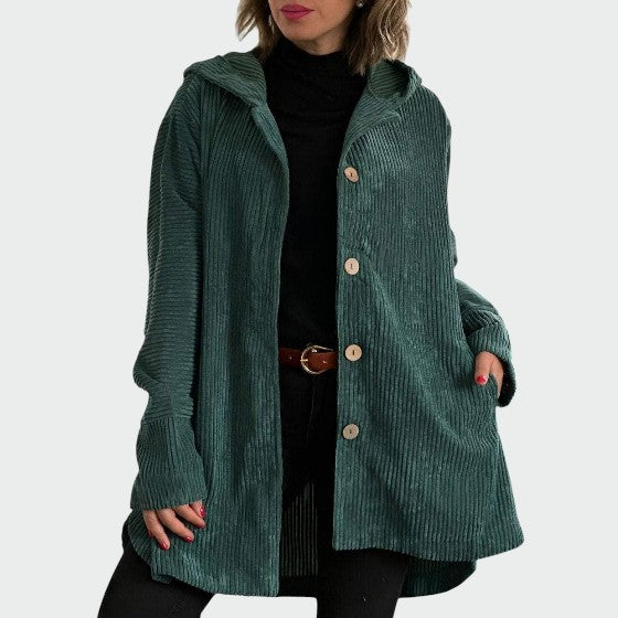 Stylish women's corduroy button-down hooded jacket, cozy for winter wear.