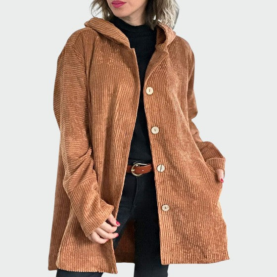 Black women's corduroy hooded jacket, comfortable and versatile outerwear.