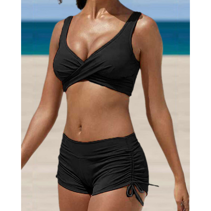 Red high-waisted bikini set with tummy control, showcasing comfortable and flattering fit for women.