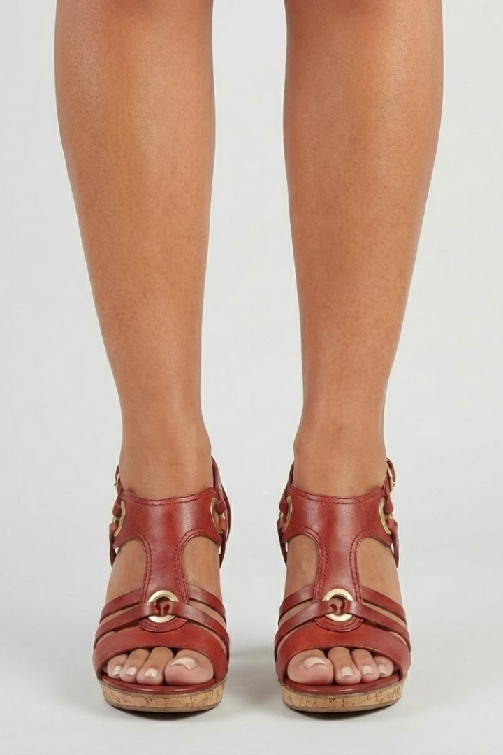 Elegant women's red summer sandals with multiple straps and stylish buckle detail.